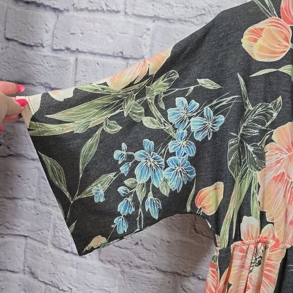Oddi NWT Gray Floral Jersey Knit Dress Surplice Kimono Sleeve Soft Comfy Casual - Picture 9 of 15
